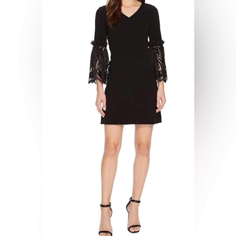 Tahari Black Lace Bell Sleeve Sheath Dress Size 16 Above Knee Cocktail Evening